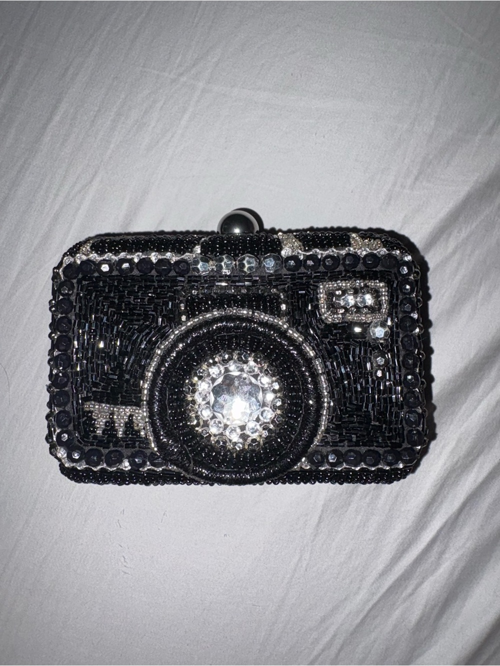 Black Beaded Camera Clutch with Crystal Accent